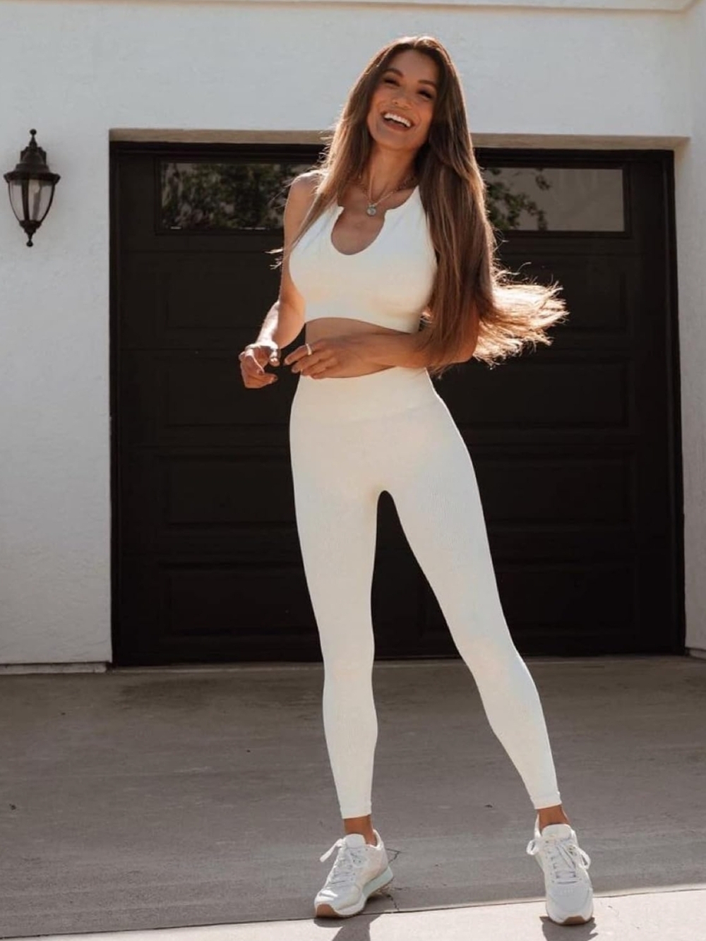 Seamless Ribbed Beige High-Waist Leggings & Crop Tank Set